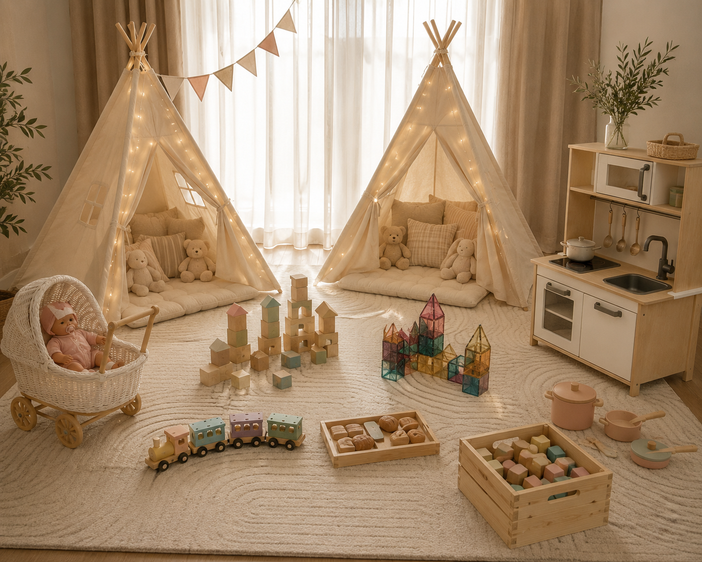 Detalle del lounge con teepees, cojines, peluches y juguetes de madera